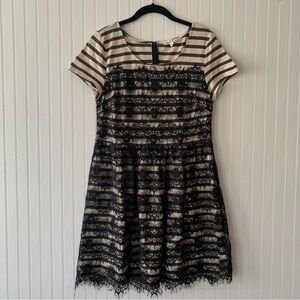 Hem & Thread Cream and Black Striped Dress with Lace Overlay